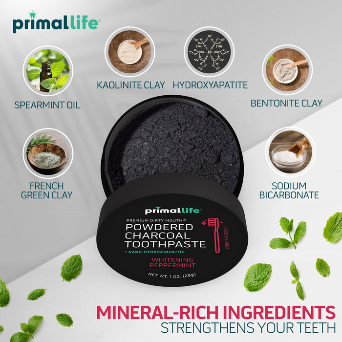 Primal Life Organics - Dirty Mouth Toothpowder, Activated Charcoal Tooth Cleaning Powder, Essential Oils with Kaolin & Bentonite Clay, Good for 200+ Brushings, Organic, Vegan (Black Peppermint, 1 oz)