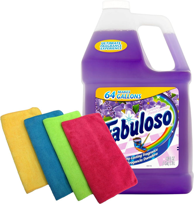 Fabuloso Makes 64 Gallons Lavender Purple Liquid Multi-Purpose Professional Household Non Toxic Fabolous Hardwood Floor Cleaner Refill + 4 UBEN Microfiber 12 X 12 Cleaning Cloths - Colors May Vary