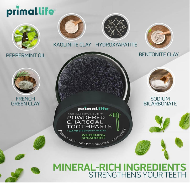 Primal: Life! Organics - Dirty Mouth Gum Serum, Natural Essential Oils, Promotes Good Breath and Dirty Mouth Toothpowder, Charcoal Tooth Cleaning Powder Black Spearmint 1oz +LuxProdX Sticker