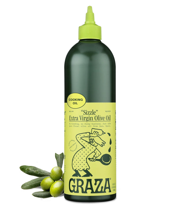 Graza Sizzle Extra Virgin Olive Oil, Cooking Oil - High Polyphenol Peak Harvest EVOO Cooking Oil in a Squeeze Bottle - Single Origin Olive Oils from Spain - 25.3 Fl Oz (750ml)