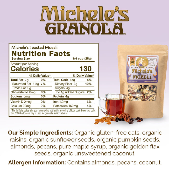 Michele's Granola Muesli, Toasted Muesli, Gluten Free, No Refined Sugar & Non GMO, 12 Oz, Pack of 3