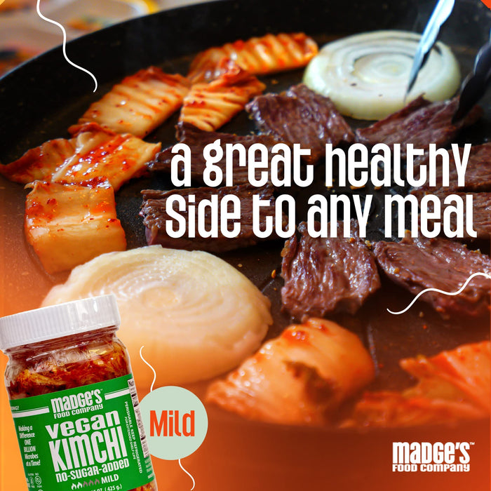 Madge's Food Traditional Vegan Kimchi Made from Napa Cabbage, Contains Probiotics, Gut Enzymes & Fermented Longer for Increased Health Benefits, No Sugar Added, Mild, 15oz