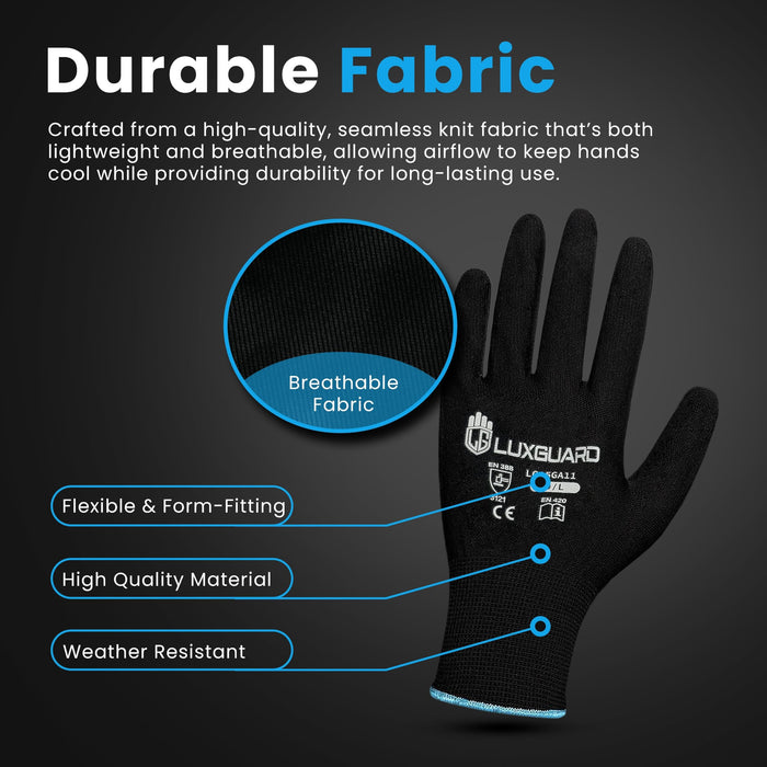 LuxGuard Safety Work Gloves (12 Pairs) with PU-coated seamless gloves, smooth grip on palm, perfect for general-duty tasks. (Medium, 60, Count)