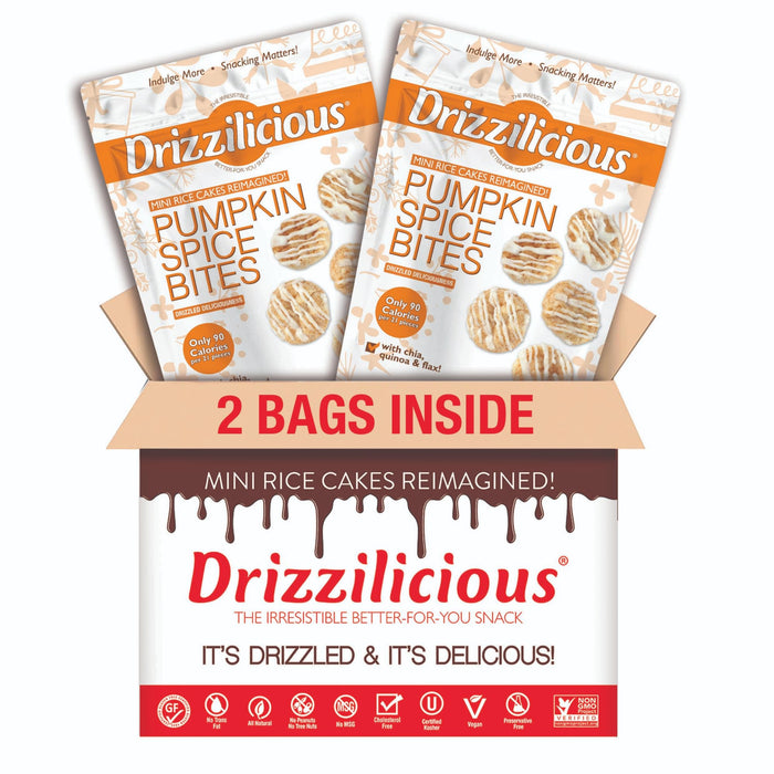 Drizzilicious Mini Rice Cakes - Rice Crisps, Healthy Snack for Adults and Kids, Flavored Rice Cakes, Vegan, Gluten Free, Only 90 Calories Per Serving - Pumpkin Spice, 4 oz (Pack of 2)