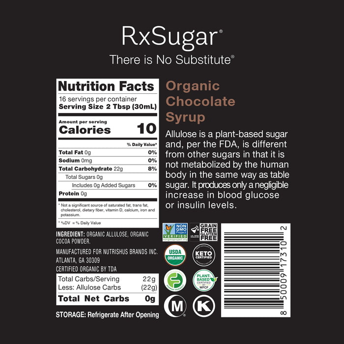 RxSugar Organic Chocolate Syrup 2-Pack | Allulose sweetener | Diabetes-Safe Natural Sugar | Keto Certified | Non-GMO Project Verified | Gluten-Free Certified