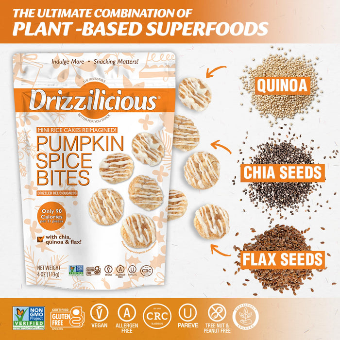 Drizzilicious Mini Rice Cakes - Rice Crisps, Healthy Snack for Adults and Kids, Flavored Rice Cakes, Vegan, Gluten Free, Only 90 Calories Per Serving - Pumpkin Spice, 4 oz (Pack of 2)