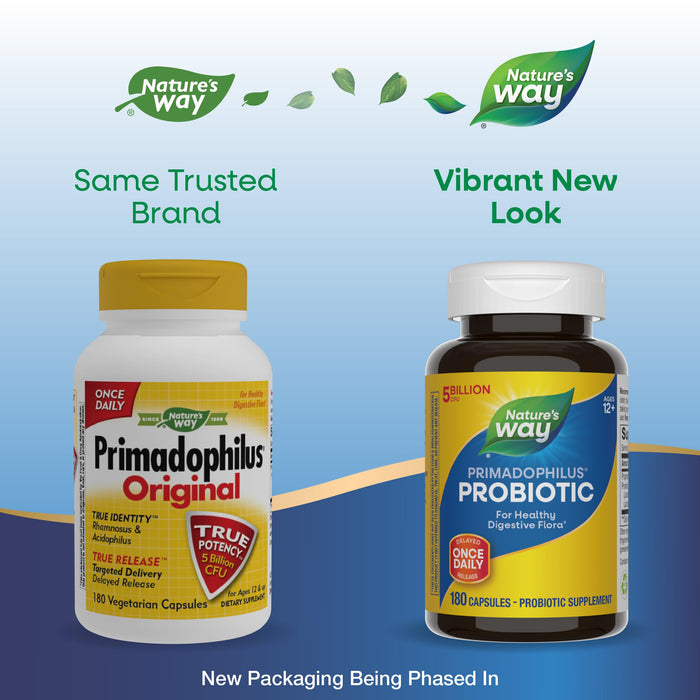 Nature's Way Primadophilus Probiotic, Healthy Digestive Flora*, 5 Billion CFU per Serving, Keep Refrigerated, 180 Capsules (Packaging May Vary)