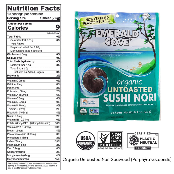 Emerald Cove, Organic Untoasted Nori Sheets Package, 10 Count Sheets, Pacific Nori, 0.9 Oz (Pack of 6)