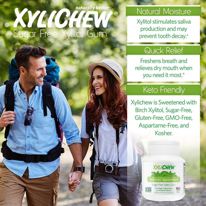 Xylichew 100% Xylitol Chewing Gum Jars - Non GMO, Gluten, Aspartame, and Sugar Free Gum - Natural Oral Care, Relieves Bad Breath and Dry Mouth - Spearmint, 60 Count (Pack of 4)