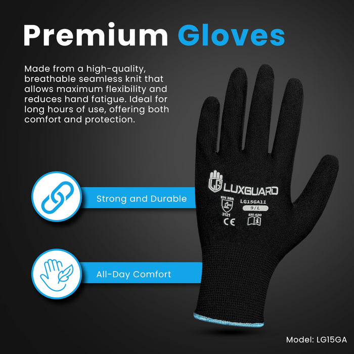LuxGuard Safety Work Gloves (12 Pairs) with PU-coated seamless gloves, smooth grip on palm, perfect for general-duty tasks. (Medium, 60, Count)