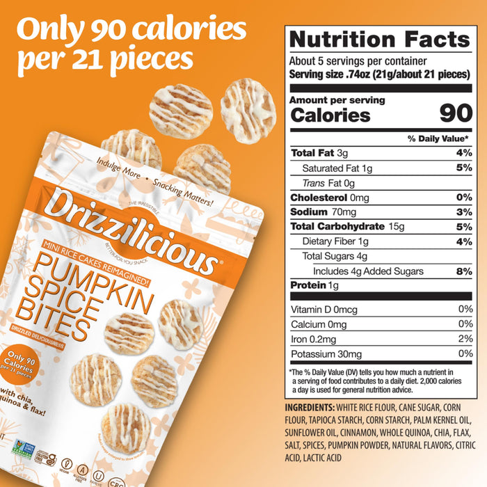 Drizzilicious Mini Rice Cakes - Rice Crisps, Healthy Snack for Adults and Kids, Flavored Rice Cakes, Vegan, Gluten Free, Only 90 Calories Per Serving - Pumpkin Spice, 4 oz (Pack of 2)