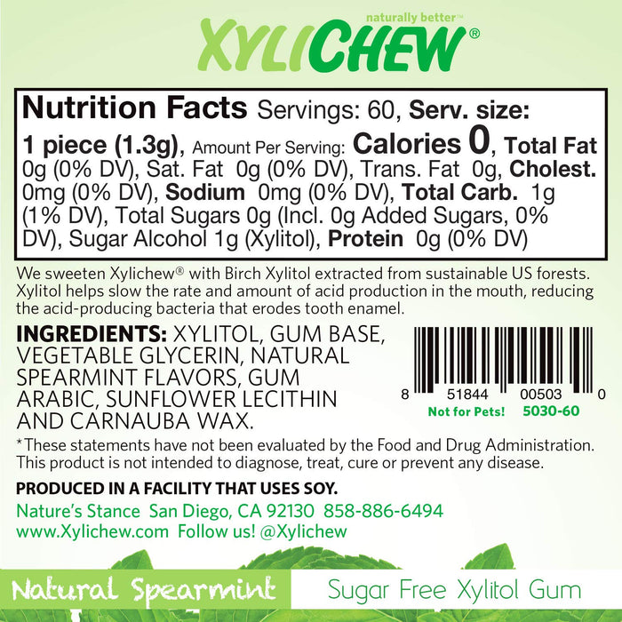 Xylichew 100% Xylitol Chewing Gum Jars - Non GMO, Gluten, Aspartame, and Sugar Free Gum - Natural Oral Care, Relieves Bad Breath and Dry Mouth - Spearmint, 60 Count (Pack of 4)