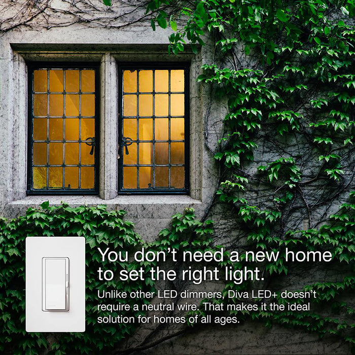 Lutron Diva LED+ Dimmer for Dimmable LED, Halogen and Incandescent Bulbs with Wallplate | 150W/Single-Pole or 3-Way | DVWCL-153PH-WH | White