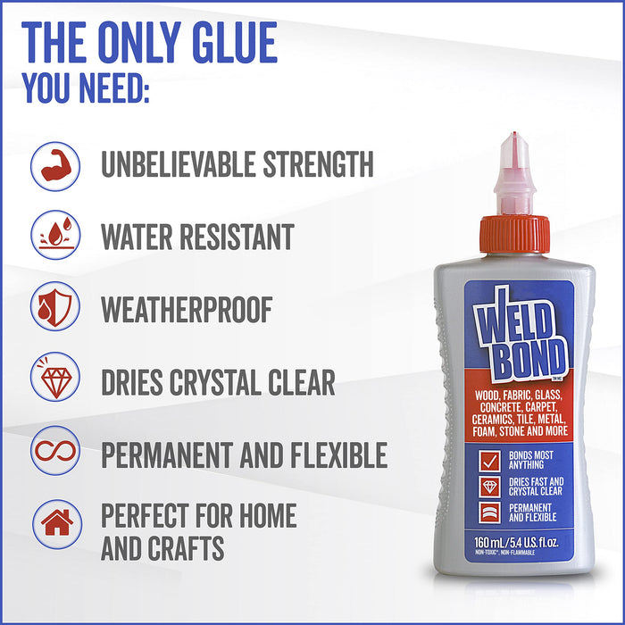 Weldbond Multi-Surface, Non-Toxic Glue, Bonds Most Anything! Use as Wood Glue or for Glass Crafts Ceramic Tile Mosaic Porcelain Stone Fabric Carpet Metal & More. 4-Pack of 5.4oz /160ml