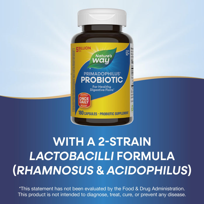 Nature's Way Primadophilus Probiotic, Healthy Digestive Flora*, 5 Billion CFU per Serving, Keep Refrigerated, 180 Capsules (Packaging May Vary)