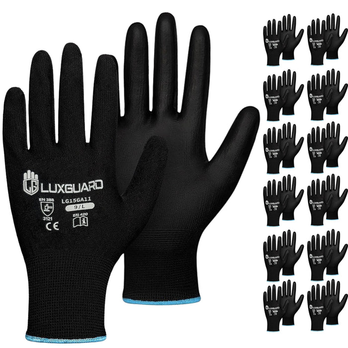 LuxGuard Safety Work Gloves (12 Pairs) with PU-coated seamless gloves, smooth grip on palm, perfect for general-duty tasks. (Large, 60, Count)