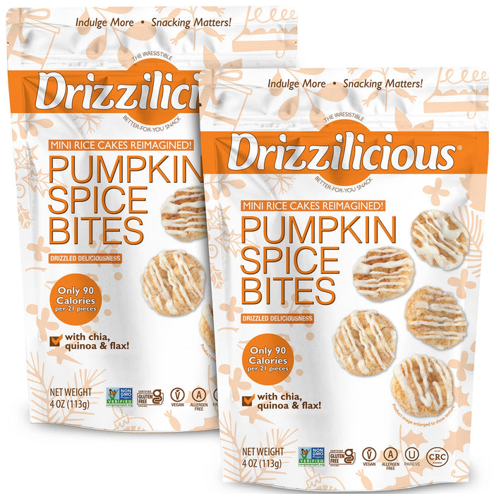 Drizzilicious Mini Rice Cakes - Rice Crisps, Healthy Snack for Adults and Kids, Flavored Rice Cakes, Vegan, Gluten Free, Only 90 Calories Per Serving - Pumpkin Spice, 4 oz (Pack of 2)