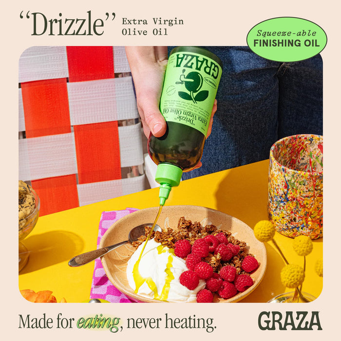 Graza Drizzle Extra Virgin Olive Oil, Finishing Oil - High Polyphenol Early Harvest EVOO Finishing Oil in a Squeeze Bottle - Single Origin Olive Oils from Spain - 16.9 Fl Oz (500ml)