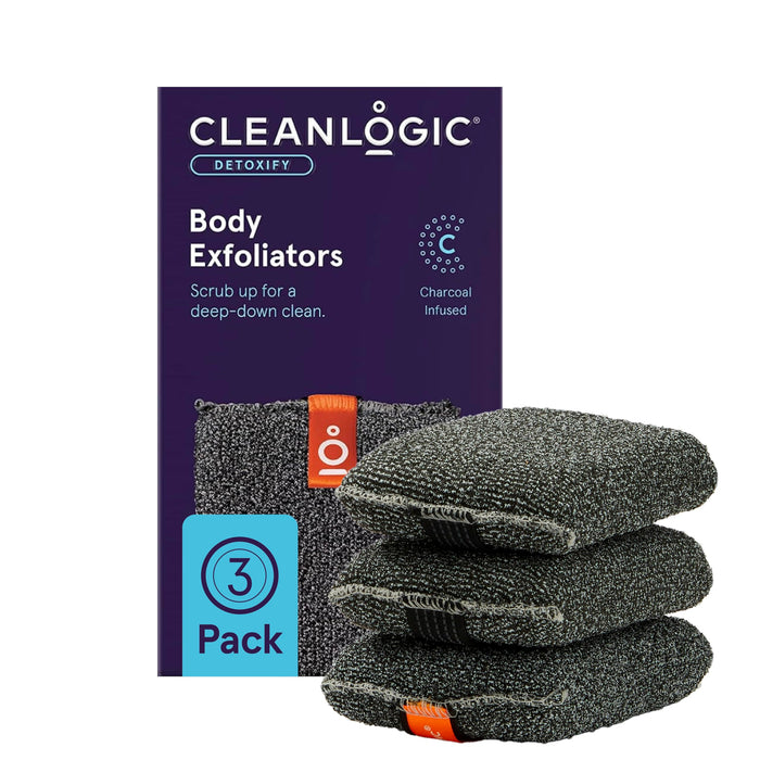 Cleanlogic Detoxify Purifying Charcoal Infused Exfoliating Body Scrubber, Reusable Exfoliator Tool for Smooth and Softer Skin, Daily Skincare Routine, 3 Count Value Pack