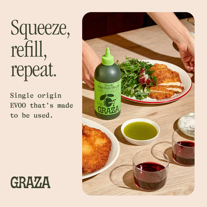 Graza Drizzle Extra Virgin Olive Oil, Finishing Oil - High Polyphenol Early Harvest EVOO Finishing Oil in a Squeeze Bottle - Single Origin Olive Oils from Spain - 16.9 Fl Oz (500ml)