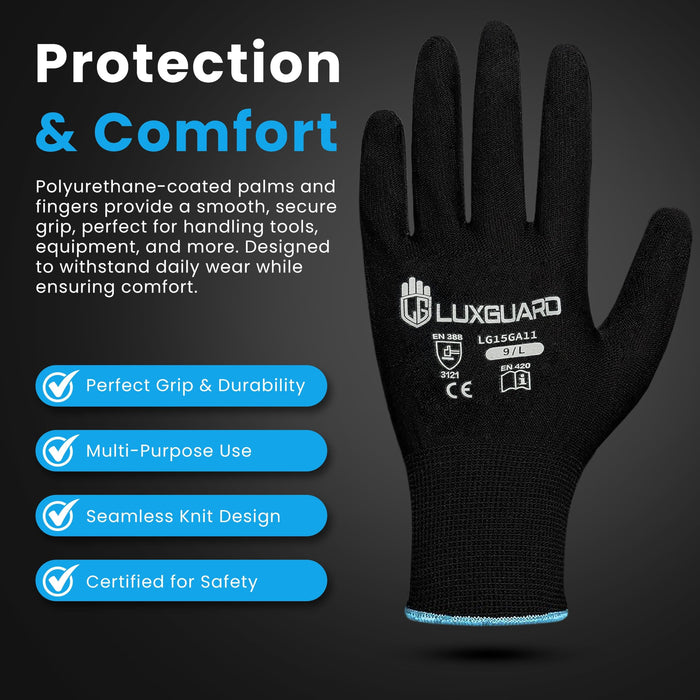 LuxGuard Safety Work Gloves (12 Pairs) with PU-coated seamless gloves, smooth grip on palm, perfect for general-duty tasks. (Medium, 60, Count)