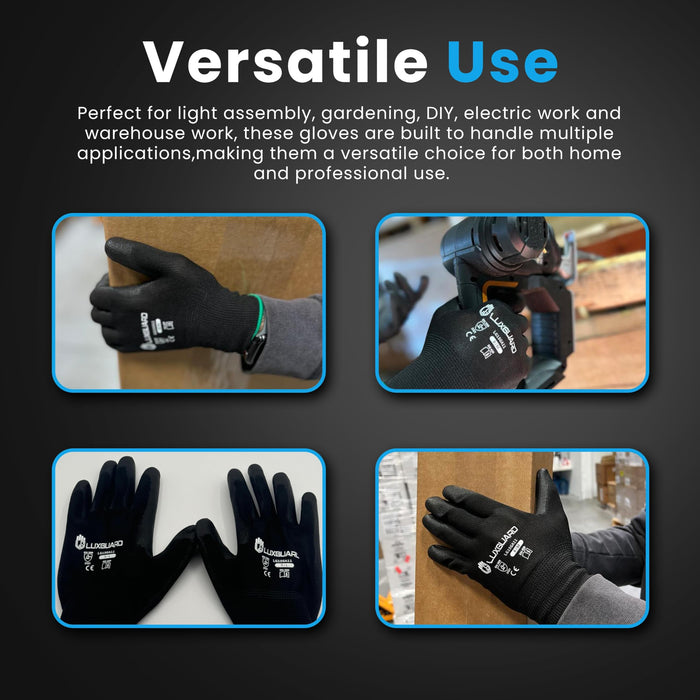 LuxGuard Safety Work Gloves (12 Pairs) with PU-coated seamless gloves, smooth grip on palm, perfect for general-duty tasks. (Medium, 60, Count)