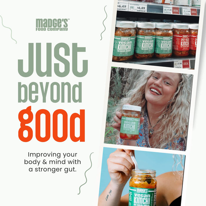 Madge's Food Traditional Vegan Kimchi Made from Napa Cabbage, Contains Probiotics, Gut Enzymes & Fermented Longer for Increased Health Benefits, No Sugar Added, Mild, 15oz