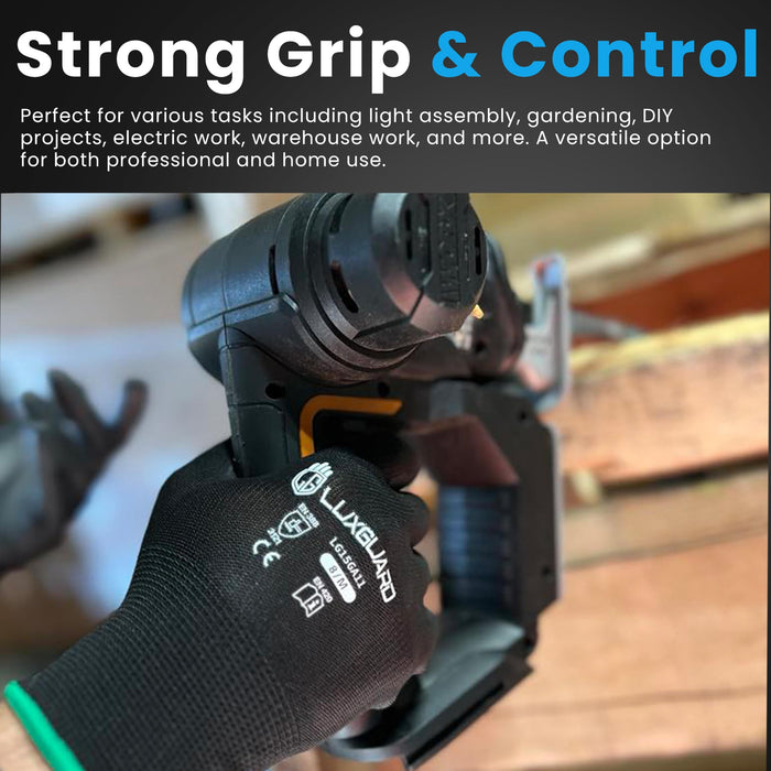 LuxGuard Safety Work Gloves (12 Pairs) with PU-coated seamless gloves, smooth grip on palm, perfect for general-duty tasks. (Medium, 60, Count)