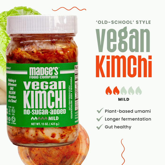 Madge's Food Traditional Vegan Kimchi Made from Napa Cabbage, Contains Probiotics, Gut Enzymes & Fermented Longer for Increased Health Benefits, No Sugar Added, Mild, 15oz