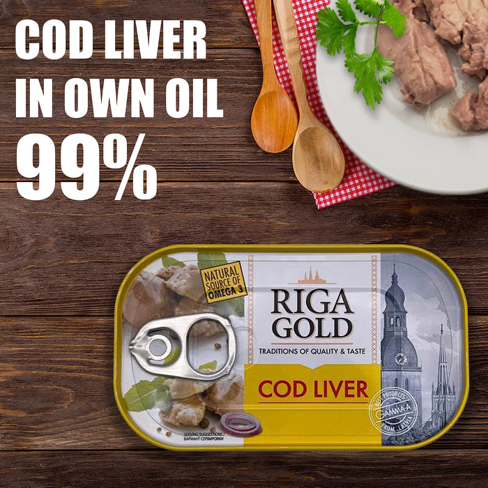 Riga Gold Cod Liver in Own Oil 4.27oz/ 121g From Iceland (Pack 12)