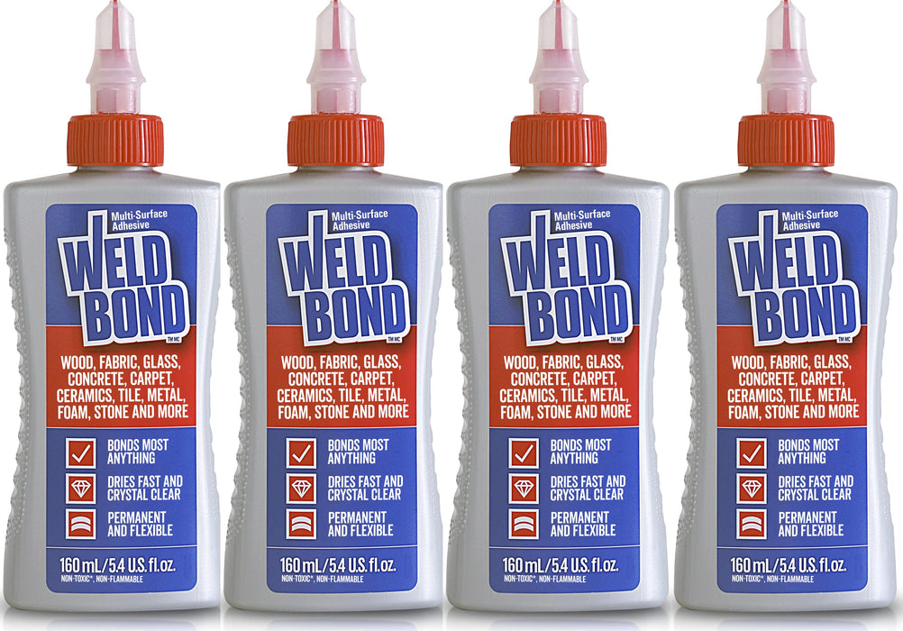 Weldbond Multi-Surface, Non-Toxic Glue, Bonds Most Anything! Use as Wood Glue or for Glass Crafts Ceramic Tile Mosaic Porcelain Stone Fabric Carpet Metal & More. 4-Pack of 5.4oz /160ml