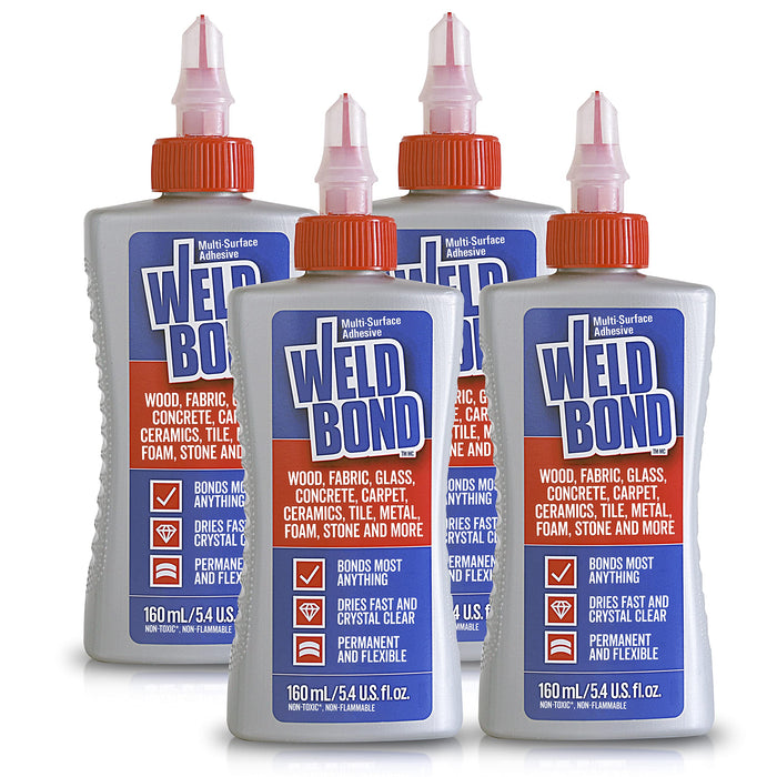 Weldbond Multi-Surface, Non-Toxic Glue, Bonds Most Anything! Use as Wood Glue or for Glass Crafts Ceramic Tile Mosaic Porcelain Stone Fabric Carpet Metal & More. 4-Pack of 5.4oz /160ml