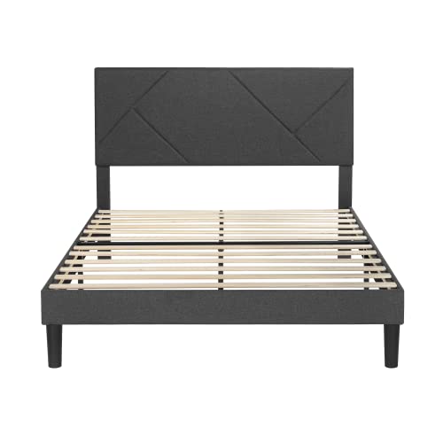 SHA CERLIN Full Size Upholstered Bed Frame with Geometric Headboard, Heavy-Duty Platform Bed Frame with Wood Slats Support, Mattress Foundation, No Box Spring Needed, Easy Assembly, Dark Grey