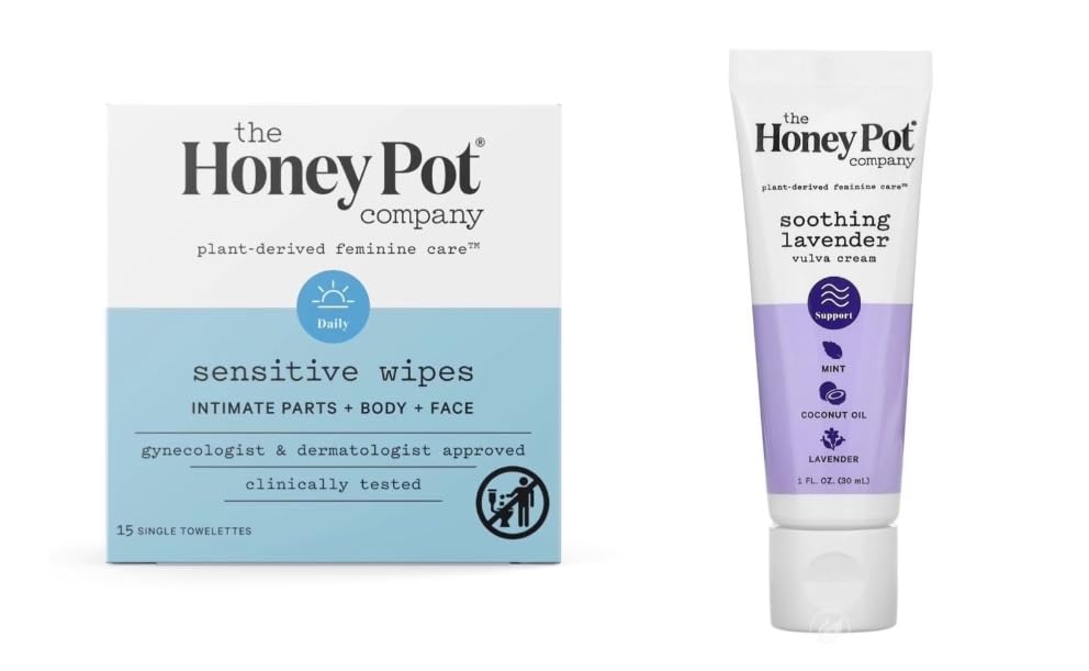 Honey Pot Company Sensitive Feminine Hygiene Wipes 15 Count + New The Honey Pot Company Vulva Cream Soothing Lavender 1 fl. oz + LuxProdX Magnet