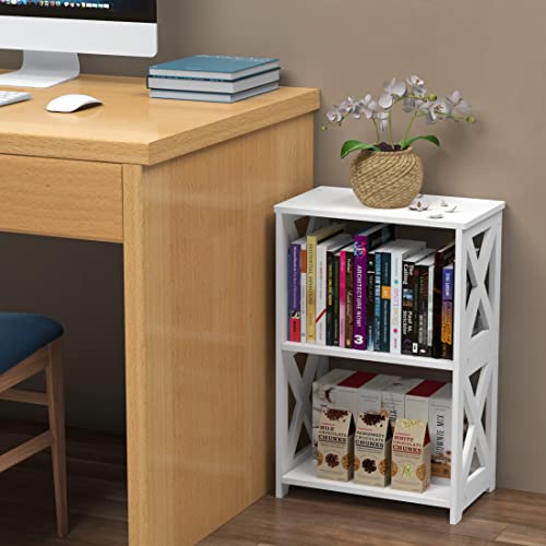 Rerii End Table, Side Table 3 Tier, Simple Bedside Nightstand, 2 Shelf Small Bookshelf Bookcase, Display Rack for Bathroom, Bedroom and Living Room, White