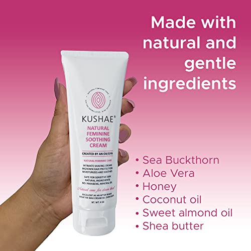 Kushae Feminine Soothing Cream – OB/GYN Made, All Natural, Fragrance Free, Aloe-Based, Calming Lotion for Irritation & Dry Skin After Shave, Softens Pubic Hairs to Prevent Ingrown Hairs, Made in USA