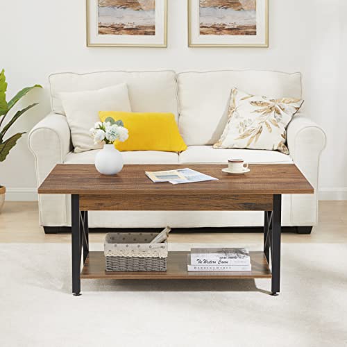 GreenForest Coffee Table Large 43.3 x 23.6 inch Farmhouse Rustic with Storage Shelf for Living Room, Easy Assembly, Walnut