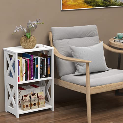 Rerii End Table, Side Table 3 Tier, Simple Bedside Nightstand, 2 Shelf Small Bookshelf Bookcase, Display Rack for Bathroom, Bedroom and Living Room, White