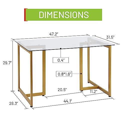 FurnitureR Tempered Glass Dining Table 47.2 inches, Dinner Table for 4-6 Persons Modern Rectangular Spacious Tabletop & Gold Legs Elegant for Home Kitchen Living Room Restaurant, Gold