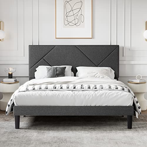 SHA CERLIN Full Size Upholstered Bed Frame with Geometric Headboard, Heavy-Duty Platform Bed Frame with Wood Slats Support, Mattress Foundation, No Box Spring Needed, Easy Assembly, Dark Grey