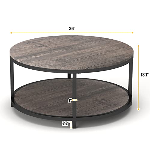 NSdirect Round Coffee Table,36 inch Coffee Table for Living Room,2-Tier Rustic Wood Desktop & Sturdy Metal Legs Table Modern Design Home Furniture with Storage Shelf (Light Walnut)