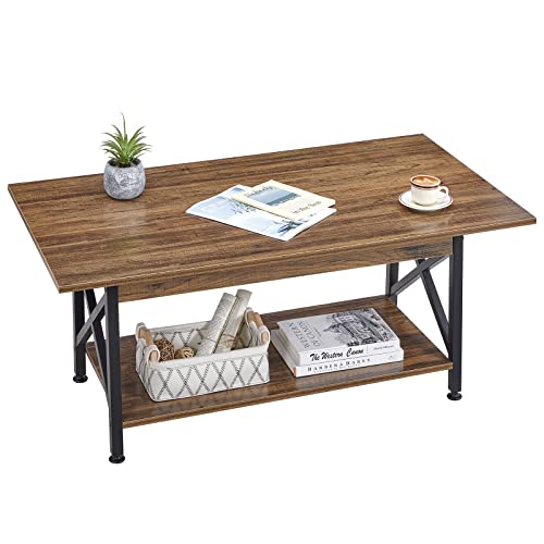 GreenForest Coffee Table Large 43.3 x 23.6 inch Farmhouse Rustic with Storage Shelf for Living Room, Easy Assembly, Walnut