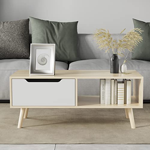 Cozy Castle Modern Wooden Coffee Table with Storage, Minimalist Hallway Mid Century Cocktail Table for Living Room Apartment Reception, Oak