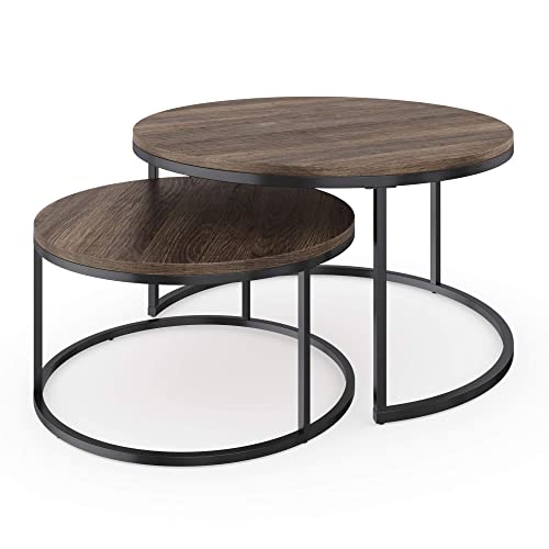 Nathan James Stella Round Modern Nesting Coffee Set of 2, Stacking Living Room Accent Tables with an Industrial Wood Finish and Powder Coated Metal Frame, Warm Nutmeg/Matte Black