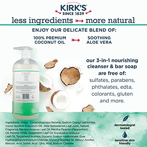 Kirk's 3-in-1 Castile Liquid Soap Head-to-Toe Clean Shampoo, Face Soap & Body Wash for Men, Women & Children | Mint & Eucalyptus Scent | 32 Fl Oz.