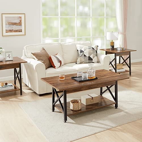 GreenForest Coffee Table Large 43.3 x 23.6 inch Farmhouse Rustic with Storage Shelf for Living Room, Easy Assembly, Walnut