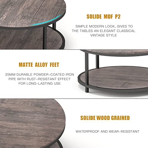 NSdirect Round Coffee Table,36 inch Coffee Table for Living Room,2-Tier Rustic Wood Desktop & Sturdy Metal Legs Table Modern Design Home Furniture with Storage Shelf (Light Walnut)