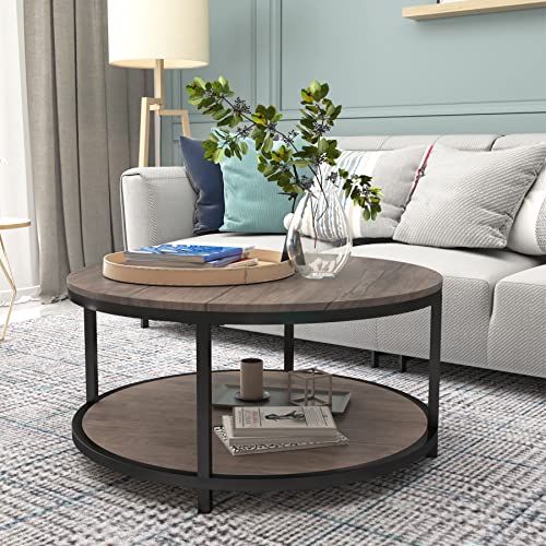 NSdirect Round Coffee Table,36 inch Coffee Table for Living Room,2-Tier Rustic Wood Desktop & Sturdy Metal Legs Table Modern Design Home Furniture with Storage Shelf (Light Walnut)