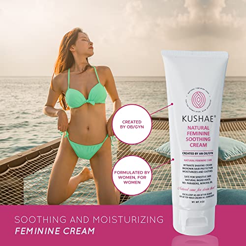 Kushae Feminine Soothing Cream – OB/GYN Made, All Natural, Fragrance Free, Aloe-Based, Calming Lotion for Irritation & Dry Skin After Shave, Softens Pubic Hairs to Prevent Ingrown Hairs, Made in USA