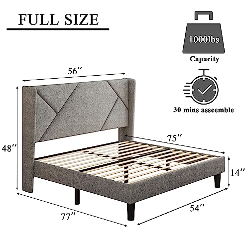 iPormis Full Size Bed Frame with Geometric Wingback Headboard, Upholstered Platform Bed Frame with Solid Wood Slats, 8" Storage Space, No Box Spring Needed, Easy Assembly, Light Gray